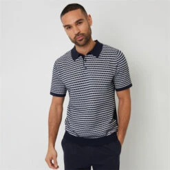 Threadbare Textured Stripe Knitted Polo Shirt
